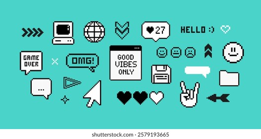 Y2k Pixels game elements set of 90's aesthetics. 8-bit retro game vector elements and pixel icons. Retro pc deckstop and gaming background in geek style