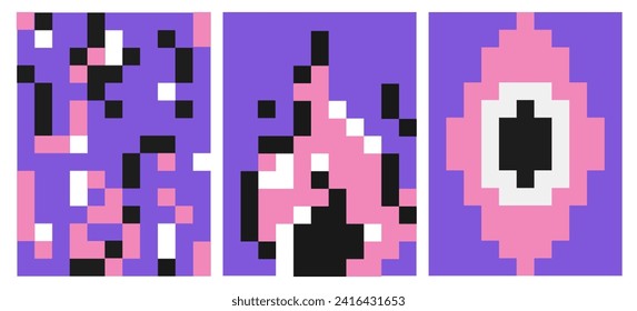 Y2k Pixels impresión de moda, patrón abstracto, fondo cibernético, diseño gráfico mínimo 90, 8 bits, rave, afiches púrpura rosado