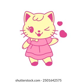 Y2k playful little Kawaii cat wink with heart love retro groovy icon vector flat illustration. Adorable feminine glamour girlish kitten in pink dress psychedelic contemporary pop art t shirt print