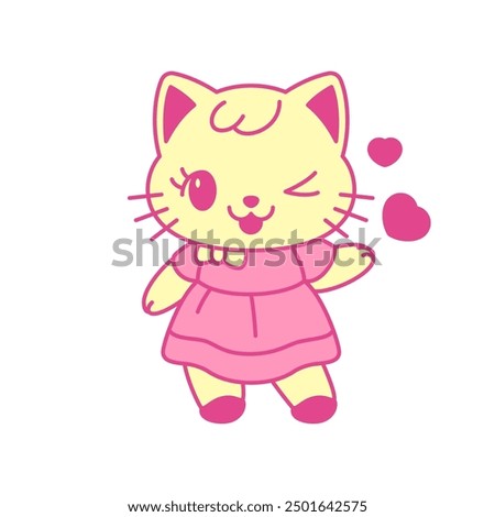 Y2k playful little Kawaii cat wink with heart love retro groovy icon vector flat illustration. Adorable feminine glamour girlish kitten in pink dress psychedelic contemporary pop art t shirt print