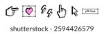 Y2k pointing finger, cursor sticker. Black geometric shapes isolated on white background. 3D hand gestures icon. Pixel art. Love heart trendy design element. 3D vintage social media icon emoji