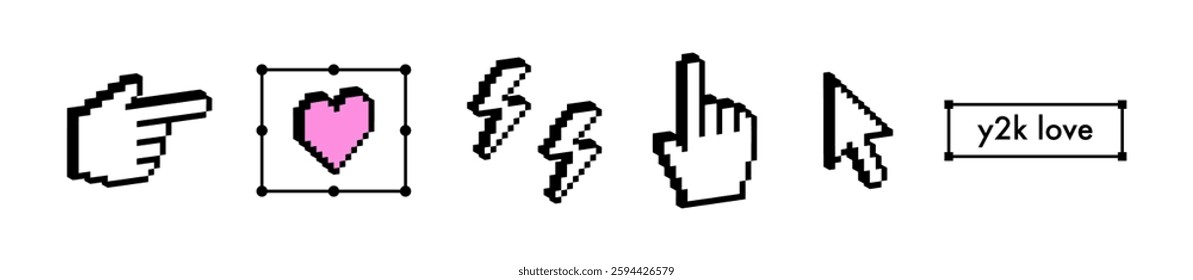 Y2k pointing finger, cursor sticker. Black geometric shapes isolated on white background. 3D hand gestures icon. Pixel art. Love heart trendy design element. 3D vintage social media icon emoji