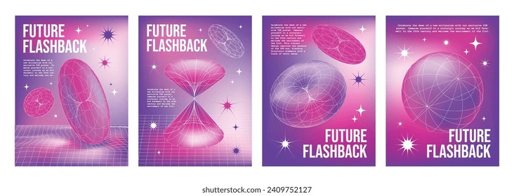 Y2k poster or cover design with abstract gradient pink and purple background and wireframe 3d geometric shape elements. Vector vertical banner template set with grid graphic form on pastel backdrop.