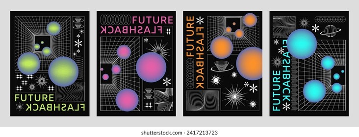 Y2k poster design with abstract perspective grid surface and gradient colored sphere. Vector set of retro 2000s aesthetic style banners and covers with geometry wireframe techno element and typography