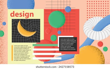 Y2k poster design with abstract of wireframes vector 3d geometric shapes. Vector set of retro 2000s.  
 
