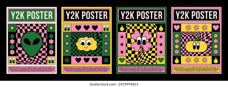 Y2k poster design template with bright abstract simple groovy sticker in bright acid colors. Vector illustration set of cover and banner 2000s aesthetic layout with cute psychedelic elements and text.