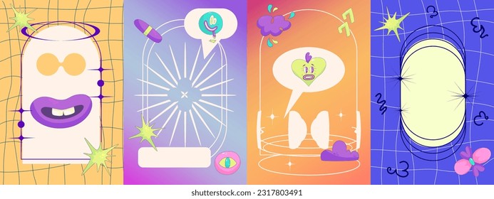 Plantilla de juego de afiches Y2k. Estética retro 90 con pegatina y marco trippy. Afiche de moda de la plantilla Y2k. Ilustración vectorial.