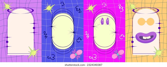 Y2k Poster set template. Retro aesthetic 90s with trippy sticker and frame. Y2k template trendy poster. Vector illustration.