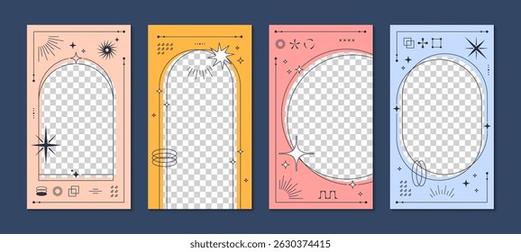 Y2k poster templates with story frame featuring vertical layouts with rounded and oval borders. Vector abstract set with sparkles, boho symbols and geometric shapes, groovy photo frames, media posts