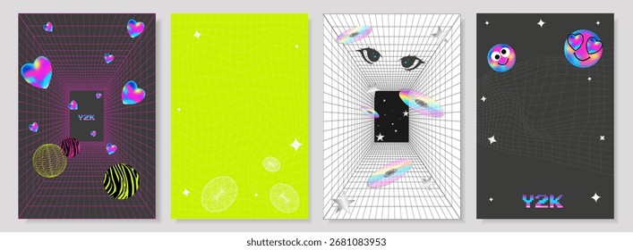 Y2K Posters! 3D Wireframe, Retro Design. Abstract backgrounds for social media and web. Get noticed with a trendy design!