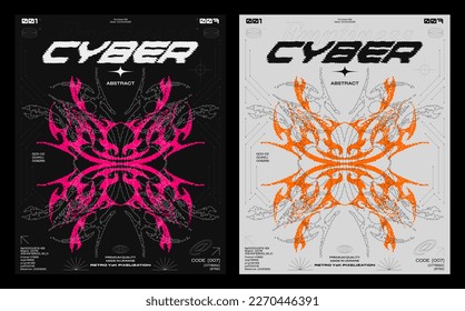 Afiches del año 2000 con un estilo retro de píxel futurista. Elementos de estilo tribal para el diseño de los años 90. Colección de banners vectoriales impresos