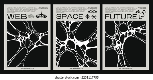 Y2K posters in retro futuristic style with cobwebs. Tribal style elements for 90s design. Printable vector banner collection