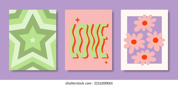 Y2K Posters Set. Vector Violet, Green, Pink Psychedelic Background: Repeated Star, Word Love, Daisy Flowers in Trendy Retro Style for Print on T-Shirts, Case Phone, Cover, Flyer, Cards, Social media.