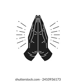 Y2k praying connected hands religious culture sacred gesture monochrome line retro groovy icon vector illustration. Prayer posture arms holy spiritual Christianity Catholicism minimal trendy sticker