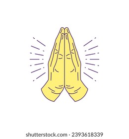 Y2k praying hands gesture cartoon element emoji groovy style icon vector flat illustration. Religious faith culture prayer arms posture Christianity and Catholicism trendy sticker for t shirt print