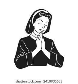 Y2k praying nun spiritual religious woman portrait monochrome line retro groovy icon vector illustration. Saint holy religion female Christianity Catholic comic funky minimal sticker t shirt print