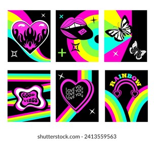 Y2K psychedelic acid rainbow poster. Modern art templates with words I love you. Valentines day retro emo posters in 2000s style.Vector illustration