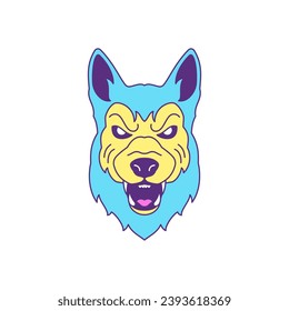 Y2k psychedelic angry wolf muzzle comic cartoon character groovy style icon vector flat illustration. Aggressive wild canine predator animal head funky trendy sticker for t shirt print