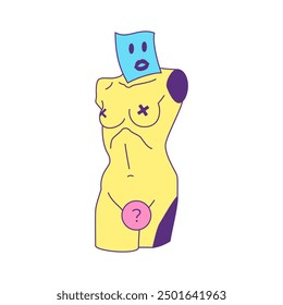 Y2k psychedelic antique Greek sculpture with censored element contemporary pop art icon vector flat illustration. Ancient Roman female goddess body gypsum monument t shirt print