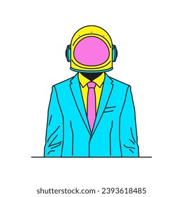 Y2k psychedelic astronaut in helmet and suit jacket groovy style icon vector flat illustration. Surreal cosmonaut spacesuit in classic outfit trendy sticker comic emoji cosmic universe t shirt print