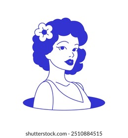 Y2k psicodélica hermosa mujer retro en agujero cómic azul groovy línea icono Vector ilustración plana. Surrealista belleza femenina con flor en el pelo minimal rave arte pop contemporáneo camiseta de impresión