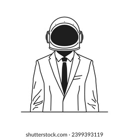 Y2k psychedelic business man in suit and astronaut helmet monochrome line retro groovy icon vector illustration. Surreal weird businessman in cosmonaut headdress minimal trendy sticker