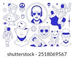 Y2k psychedelic comic blue pen sketch contemporary pop art concept line icon set vector flat illustration. Hype surreal sculpture astronaut tiger hippie peace symbol video tape cassette man headphones