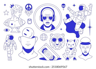 Y2k quadrinho psicodélico azul caneta esboço pop art contemporâneo conceito linha ícone conjunto vetor ilustração plana. Hype escultura surreal tigre tigre hippie símbolo da paz vídeo fita cassete homem fones de ouvido