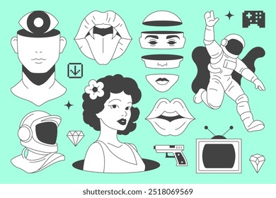 Ícone de linha mínima de quadrinhos psicodélico Y2k conceito de pop art contemporâneo conjunto vetor ilustração plana. Rave retro groovy funky esboço neogótico escultura busto astronauta boca lábios mulher tv gamepad arma