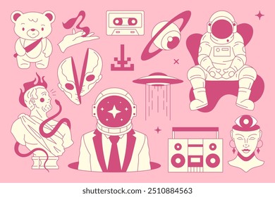 Y2k psychedelic contemporary pop art retro groovy pink girl glam icon set vector flat illustration. Surreal neo gothic concept comic outline sticker funky astronaut Kawaii bear antique sculpture UFO