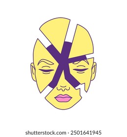 Y2k psychedelic cracked cyber human head contemporary pop art icon vector flat illustration. Surreal futuristic person portrait crush broken slice science fiction fantasy comic t shirt print