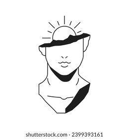 Y2k psychedelic cracked sculpture bust with sun monochrome line groovy icon vector illustration. Surreal weird antique man monument statue head bright sunny minimal retro sticker for t shirt print