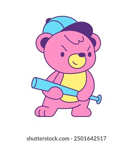 Y2k psychedelic criminal bear toy with baseball bat contemporary pop art icon vector flat illustration. Aggressive pink teddy boy cartoon character vandalism hooligan surreal comic t shirt print