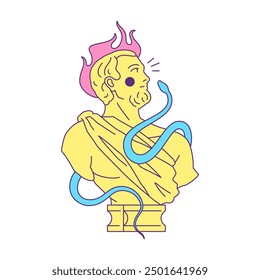 Y2k psicodélica estatua del busto del dios griego con la ilustración plana del Vector del icono del arte pop contemporáneo de la serpiente. Monumento de yeso del hombre de la antigua mitología romana con la víbora y la llama de fuego estampado de camiseta de moda surrealista