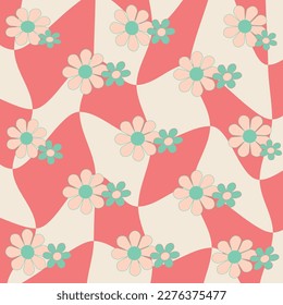 Y2K psychedelic groovy abstract 1970s trendy vector illustration. Mesh chessboard with groovy flowers background. Retro design poster