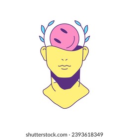 Y2k psychedelic man bust statue with laurel wreath and smiley groovy style icon vector flat illustration. Surreal male head sculpture monument funky emoji trendy sticker for t shirt print