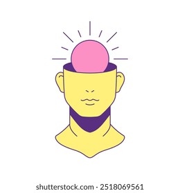 Y2k psicodélico cabeça do homem com sol brilhante ícone pop arte contemporânea vetor ilustração plana. Retrato masculino cômico escultura mente ensolarada consciência atenção psicologia verão groovy t camisa imprimir