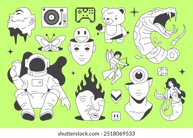 Y2k psicodélico retro groovy línea icono de arte pop contemporáneo concepto Vector ilustración plana. Mínimo cyber escultura humana astronauta serpiente corazón ardiente sirena Kawaii oso vinilo jugador mariposa