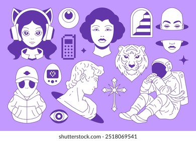 Y2k psicodélico retro tatuaje funky groovy línea pegatina conjunto Vector ilustración plana. Elemento de arte pop contemporáneo minimalista surrealista mujer tigre extraterrestre escultura monumento astronauta escalera camiseta impresión