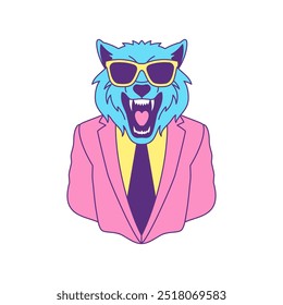 Y2k psicodélico rugido lobo empresario en gafas de sol funky contorneado icono Vector plana ilustración. Animal de moda de depredador salvaje enojado cómico en gafas y traje de corbata retrato de impresión de camiseta