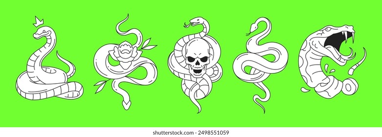 Y2k psychedelic snake with skull flower crown neo gothic outline vector illustrations set. Surreal horror vipers elements for stickers, prints and t-shirt designs