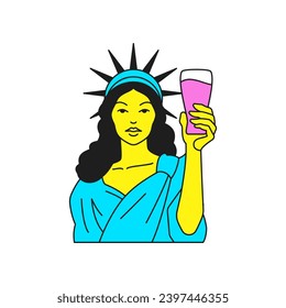 Y2k psychedelic Statue of Liberty with beer glass cartoon character groovy icon vector flat illustration. American symbol freedom and independence with alcohol surreal trendy sticker for t shirt print