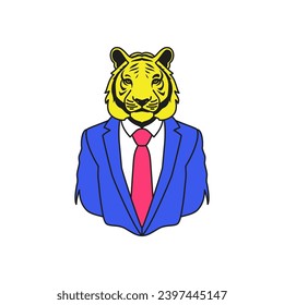 Y2k psychedelic tiger in suit comic businessman cartoon character groovy icon vector flat