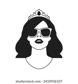 Y2k psychedelic woman queen portrait in sunglasses and crown monochrome line retro groovy icon vector illustration. Fashion vogue female face beautiful princess minimal trendy sticker t shirt print