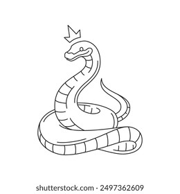 Y2k queen snake in crown poison viper weird reptile outline black icon vector illustration. Surreal psychedelic dangerous crawl royal creature tattoo groovy cobra wild tropical animal minimal emblem