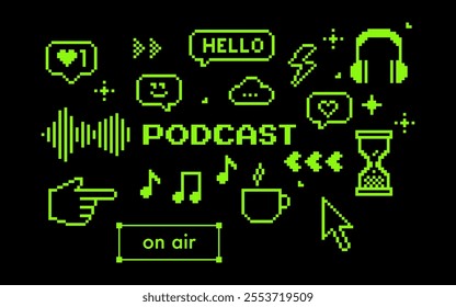 Y2k radio podcast pixels vector element set. Music and voice pixel art icons. Hello, music note, smile face, cup of coffee. Game abstract acid green elements. Modern geometric shape. Black background