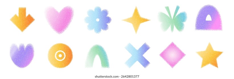 Y2k arco iris arenoso pastel gradación arco, corazón y flecha con formas de flores. Forma geométrica de gradiente de puntos de arena. Iconos del ruido de la mariposa y de la estrella en el fondo blanco. Ilustración vectorial.