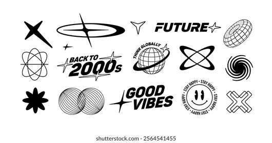 Y2K rave elements set of abstract shapes in set of retro futurism signs. Isolated vector symbols and logos for  90s - 2000s aesthetic design for print and sticker 