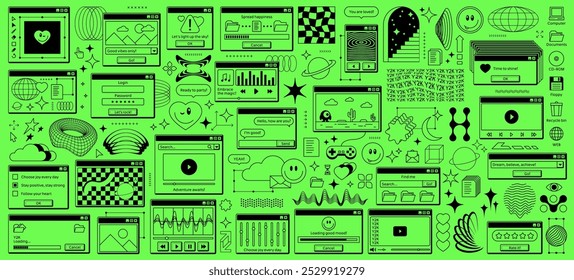 y2k rave retro computador janela adesivos, interface de página do navegador. Formas geométricas vetoriais brutais e em modelo aramado, sorrisos psicodélicos, ícones e janelas na tela do computador, estrelas e planetas estéticos do ano 2000