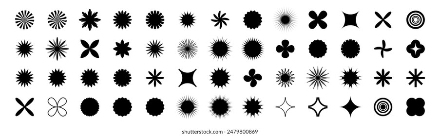 Y2k rave sparkles. Vector abstract shine effect elements. Brutalist geometric shape kit. Retro Swiss style graphic star icons, bold forms, signs, sparks, flowers  and cool symbols